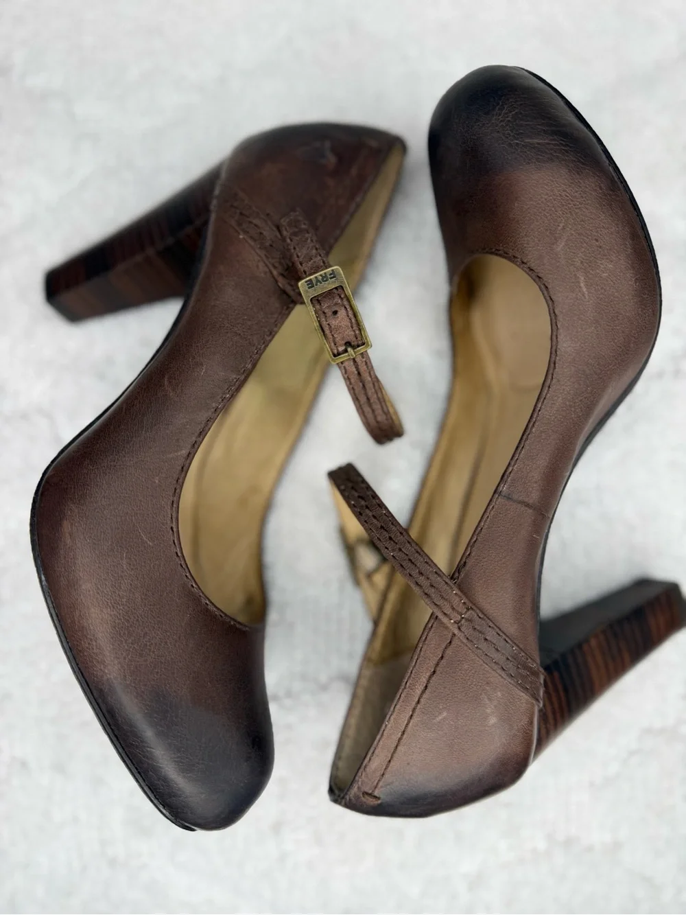 Frye Miranda Mary Jane Pumps Brown Leather Block Heels Womens 6.5 M